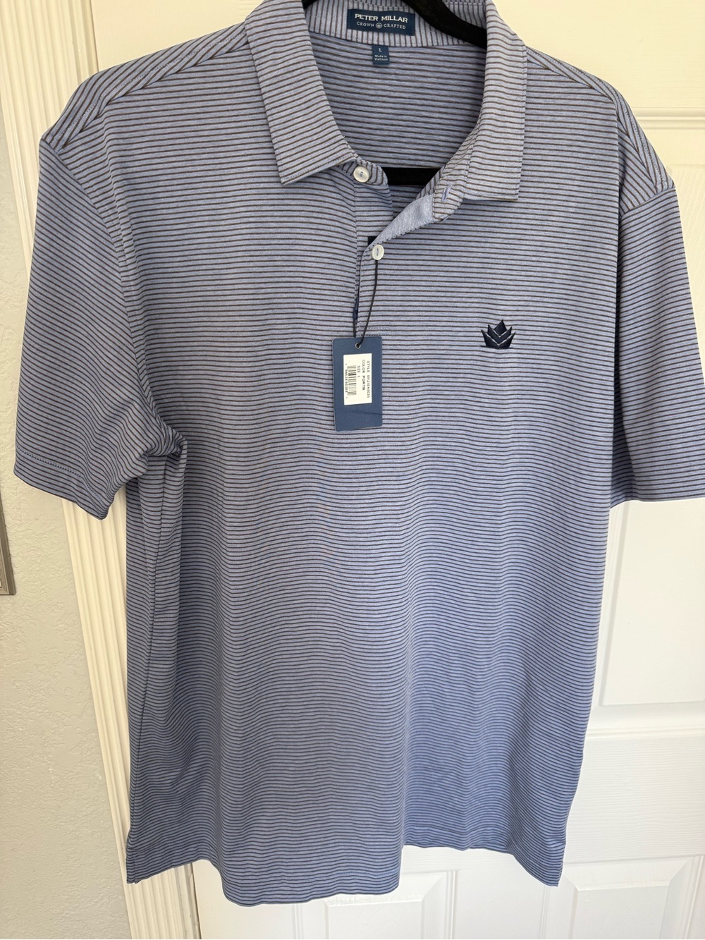Peter Millar Slim-Stripe Light Blue Polo with Navy Logo